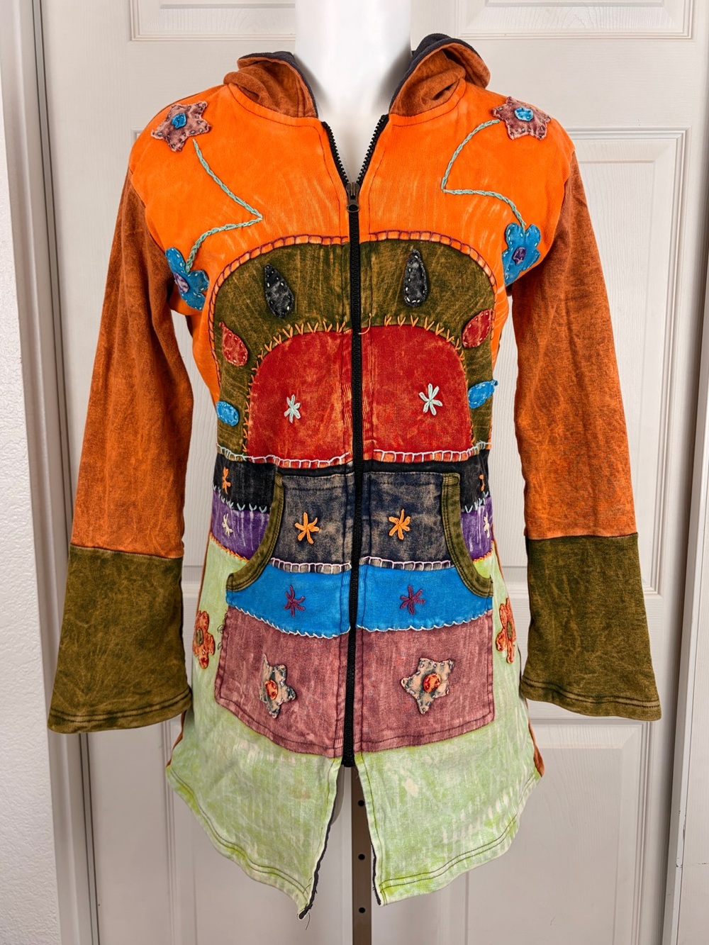 Vintage Boho Patchwork Hippie Longline Full-Zip Hoodie